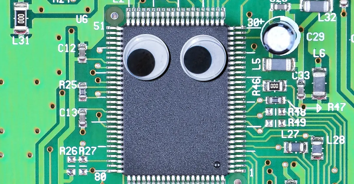 Googly eyes on a computer motherboard.