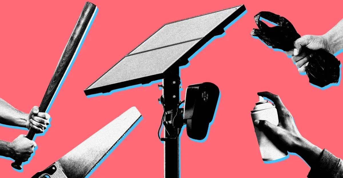 Illustration of hands holding instruments to destroy a Flock camera