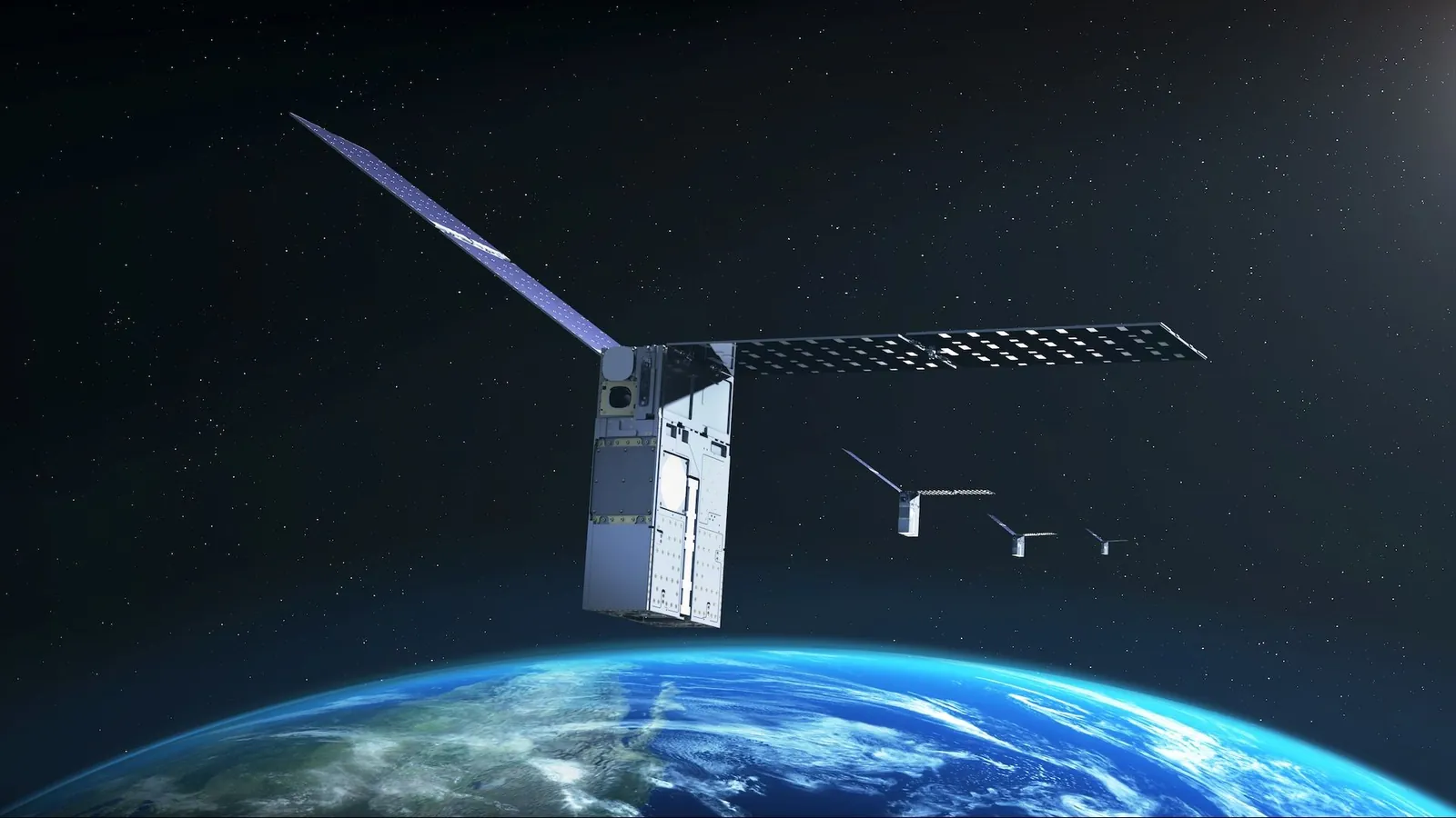 illustration of four small, boxy satellites flying above earth