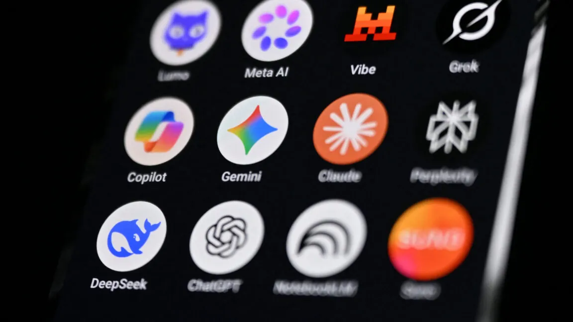 FRANCE-TECHNOLOGY-ECONOMY-AI This photograph shows a handheld smartphone displaying the icons of some of the main artificial intelligence based apps, including LLMs, chatbots and generative AI, with logos (from L) of Proton AG's Lumo, Meta AI, Mistral Vibe (formerly Le Chat), xAI's Grok, Microsoft's Copilot, Google's Gemini, Anthropic's Claude, Perplexity, Deepseek, OpenAI's Chat GPT, Google'