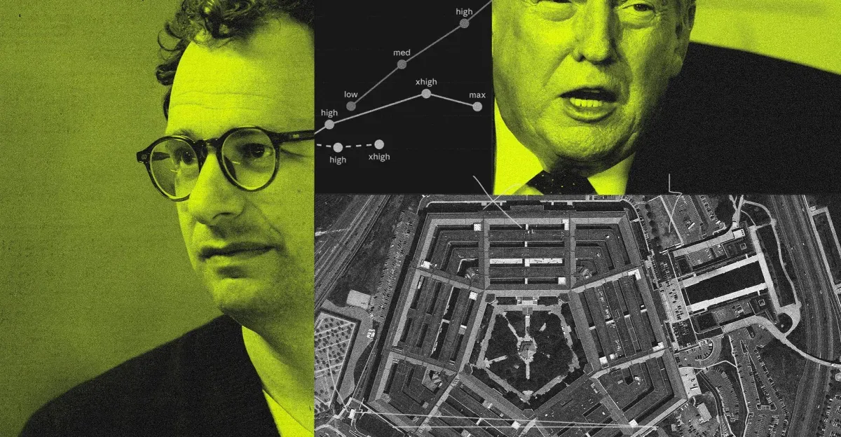 A photo illustration featuring Anthropic CEO Dario Amodei, President Donald Trump, and the Pentagon.