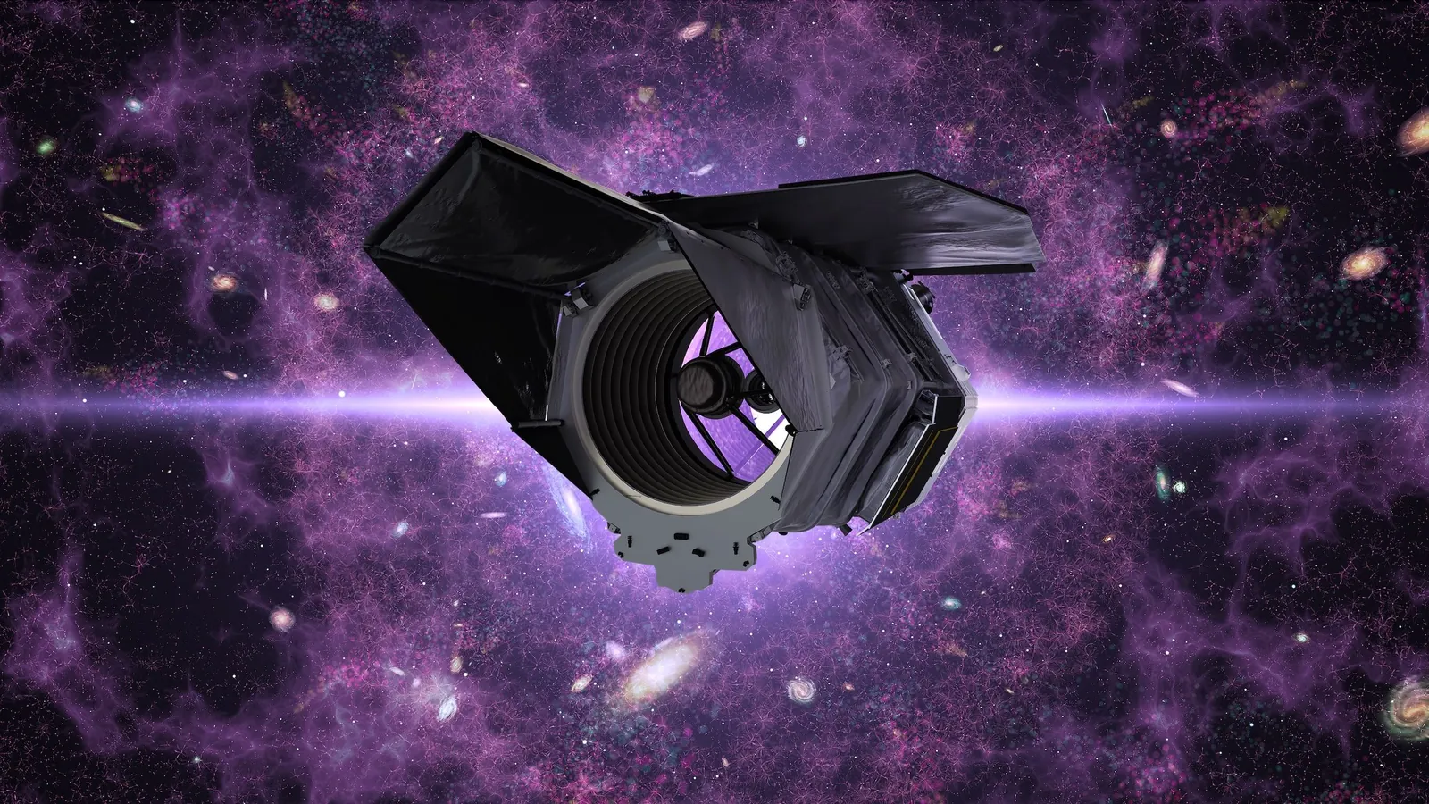 Illustration of of a space telescope in space, with galaxies, stars and diffuse purplish gas in the background