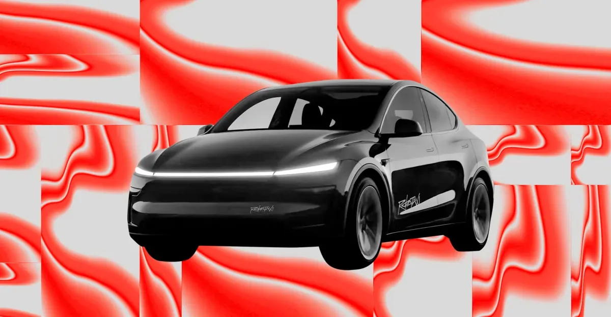 Tesla Robotaxi on a graphic red background.