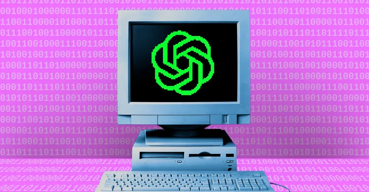 An illustration showing a computer with the OpenAI logo.