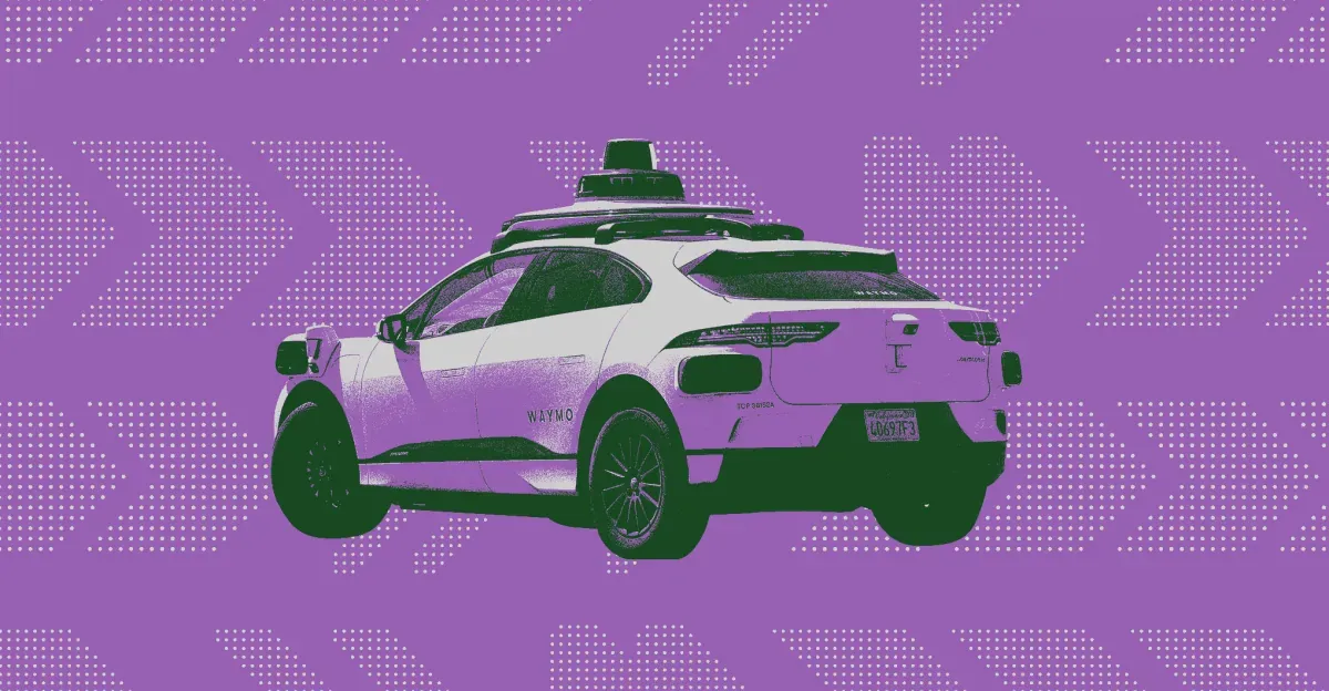 Waymo taxi on a bright purple background.
