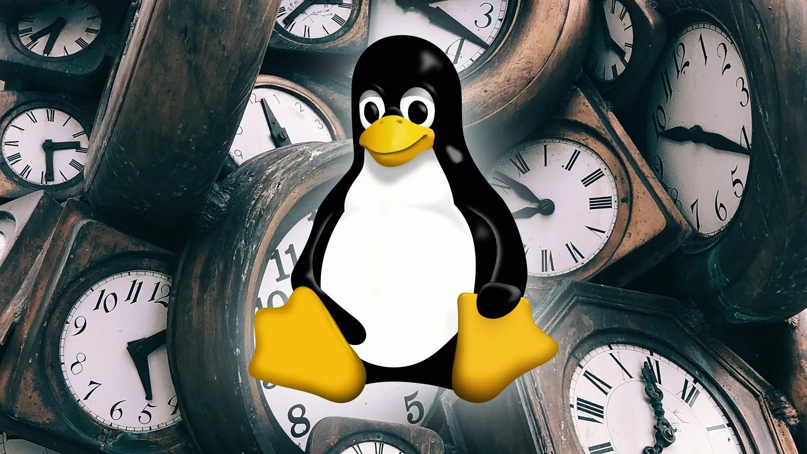 Linux logo in front of clocks