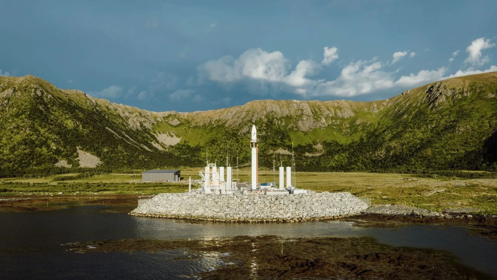 Isar Aerospace's Spectrum rocket on the pad at Andoya Spaceport in Norway ahead of its second-ever flight.