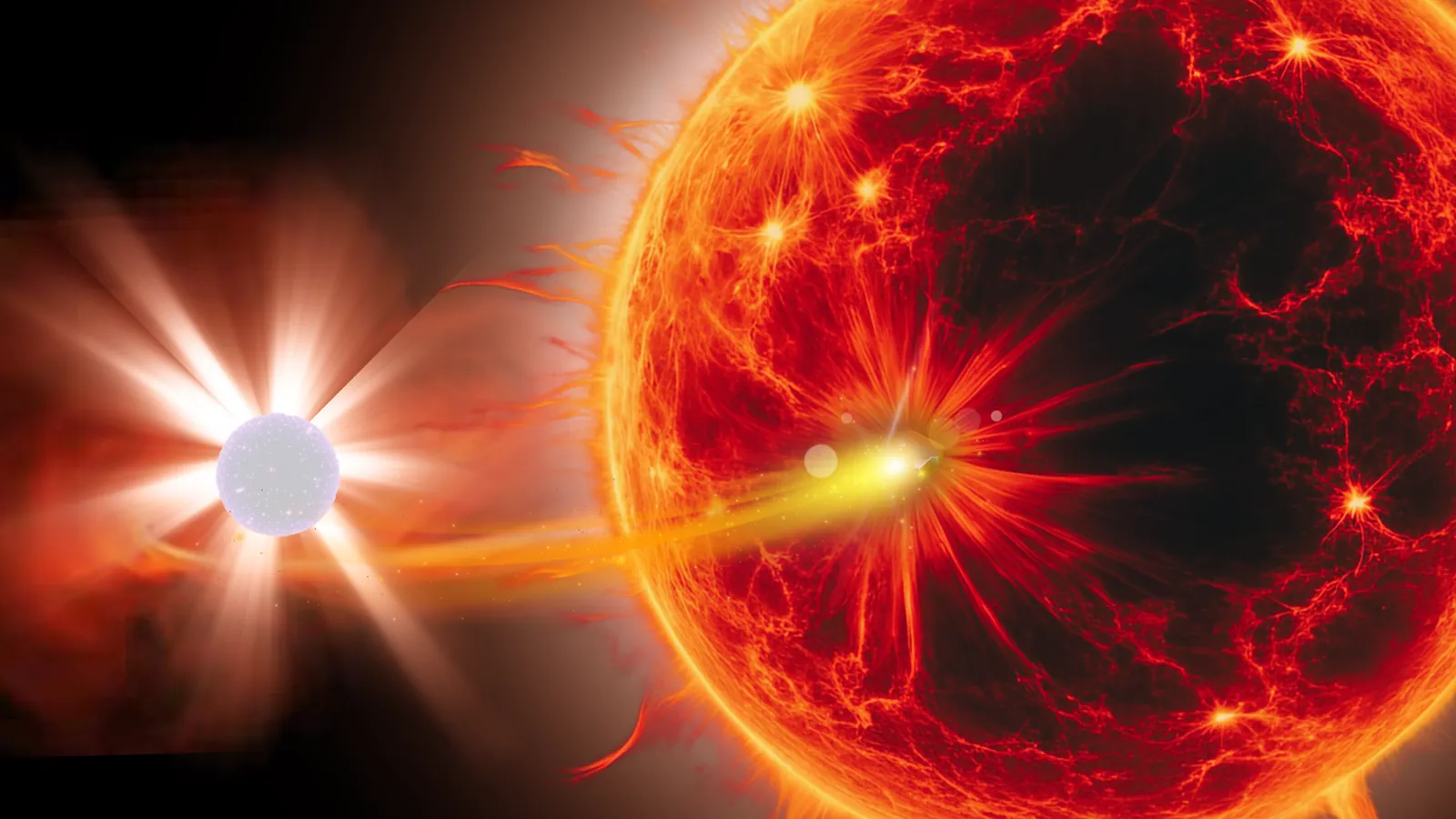 An illustration of a white dwarf exploding in a type Ia supernova after overfeeding on a companion star
