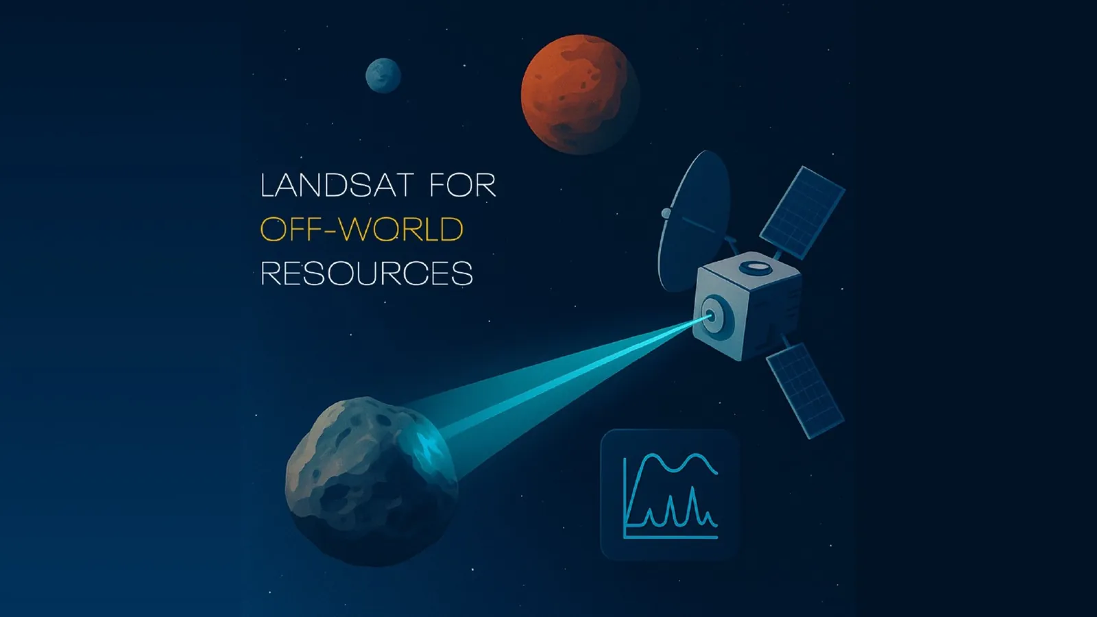 a simplified illustration of a cube-shaped spacecraft beaming a cone of light onto a lumpy rock