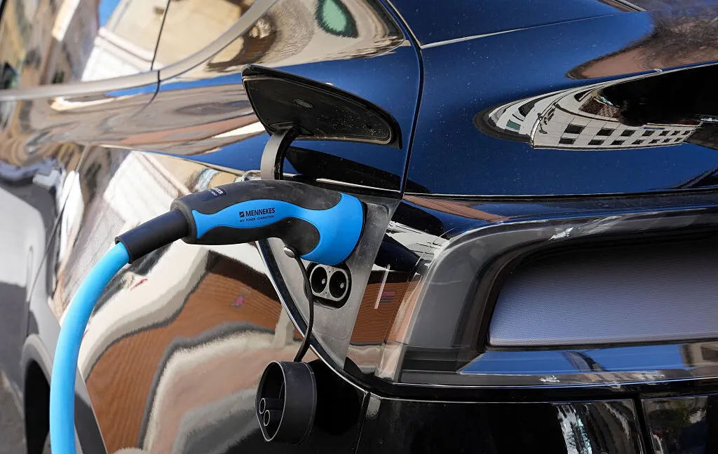 PERPIGNAN, FRANCE- SEPTEMBER 03: An electric vehicle charges batteries at Perpignan Charging Station in Rue du Castillet on September 03, 2026 in Perpignan, France. (Photo by Horacio Villalobos#Corbis/Corbis via Getty Images)