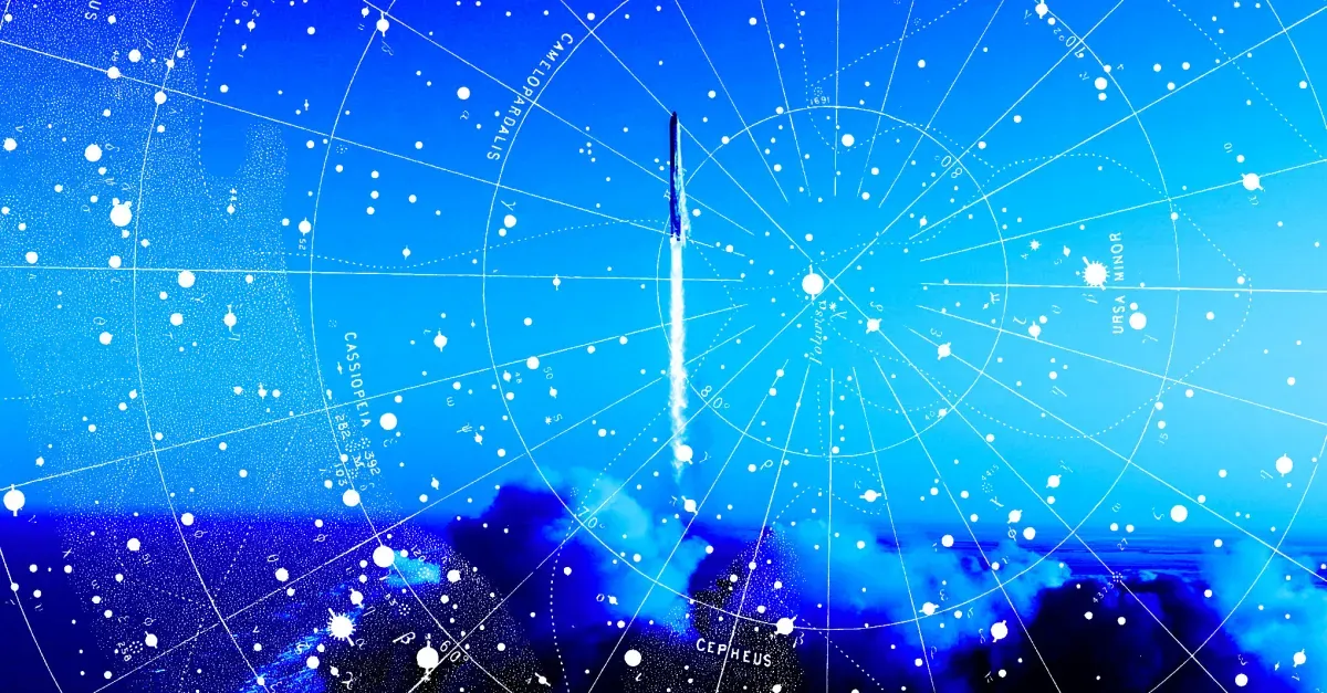 Rocket launching with graphic of constellations.