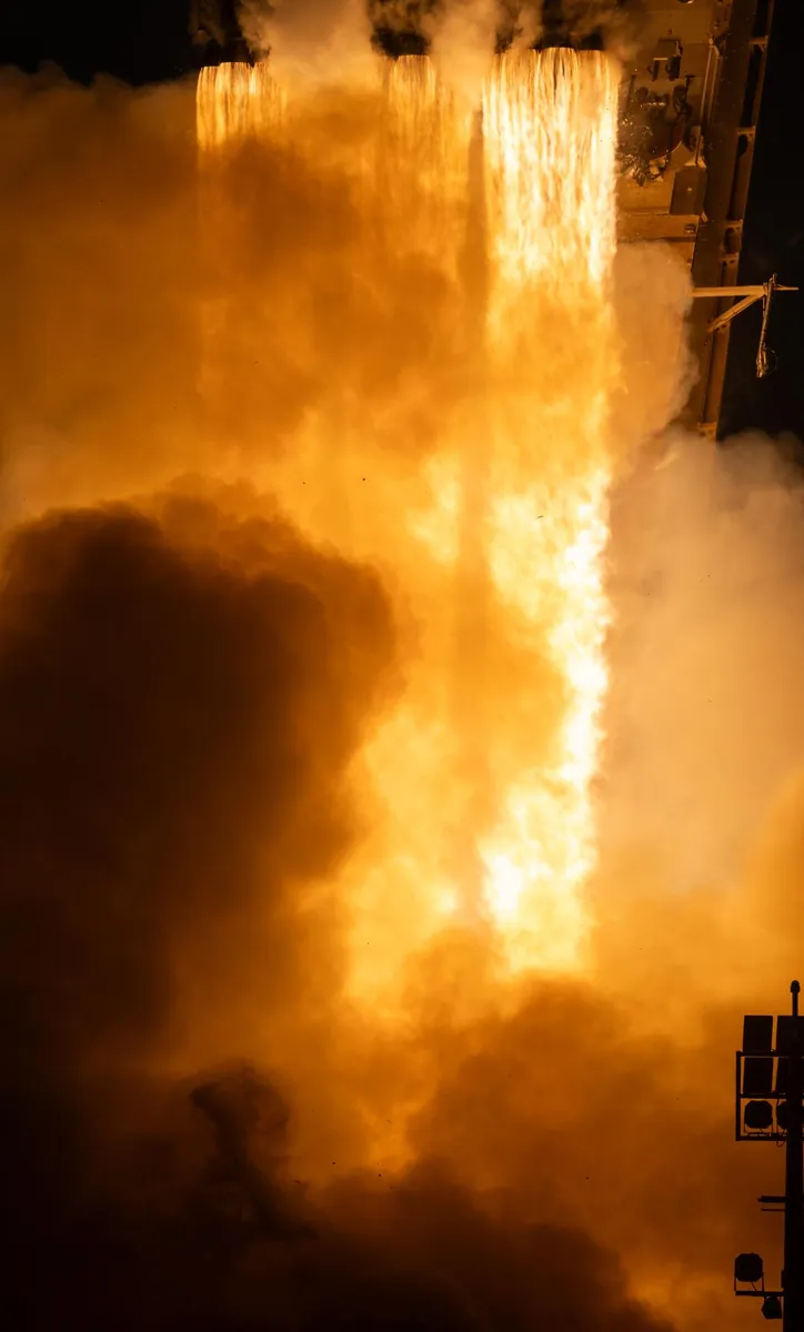 A SpaceX Falcon Heavy rocket launches with NASA’S Nancy Grace Roman Space Telescope onboard from Launch Complex 39A, Sunday, Aug. 30, 2026, at NASA’s Kennedy Space Center in Florida. Roman will investigate dark energy and dark matter, conduct a statistical census of planetary systems, and enable a broad range of additional astrophysics research. Launch occurred at 7:26 a.m. EDT.