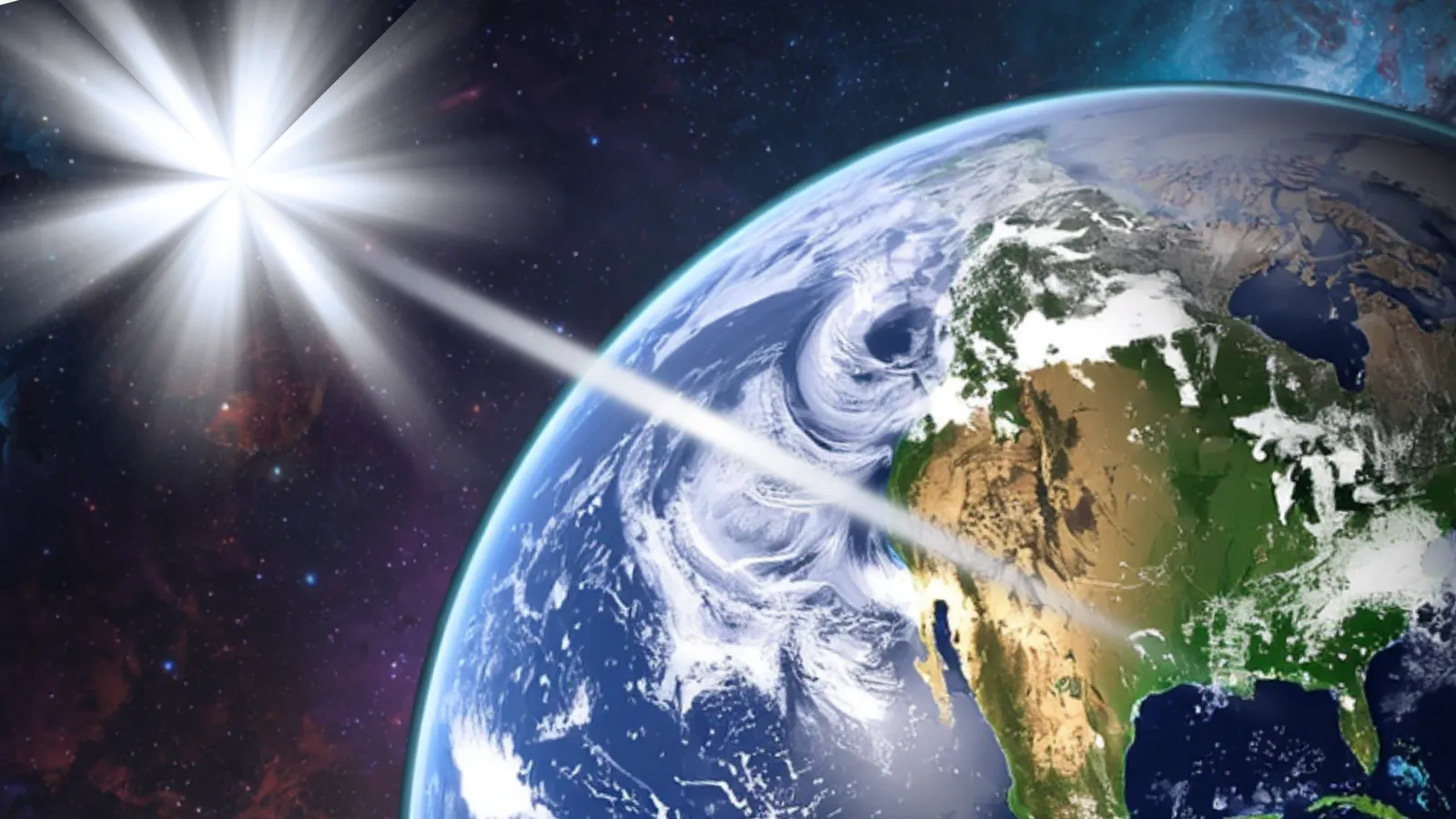 An illustration shows a photon from the biggest cosmic explosion since the Big Bang reaching Earth.