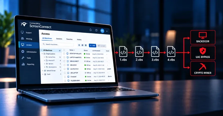 Вредоносные клиенты ScreenConnect распространяют скрипты на новые подключённые устройства