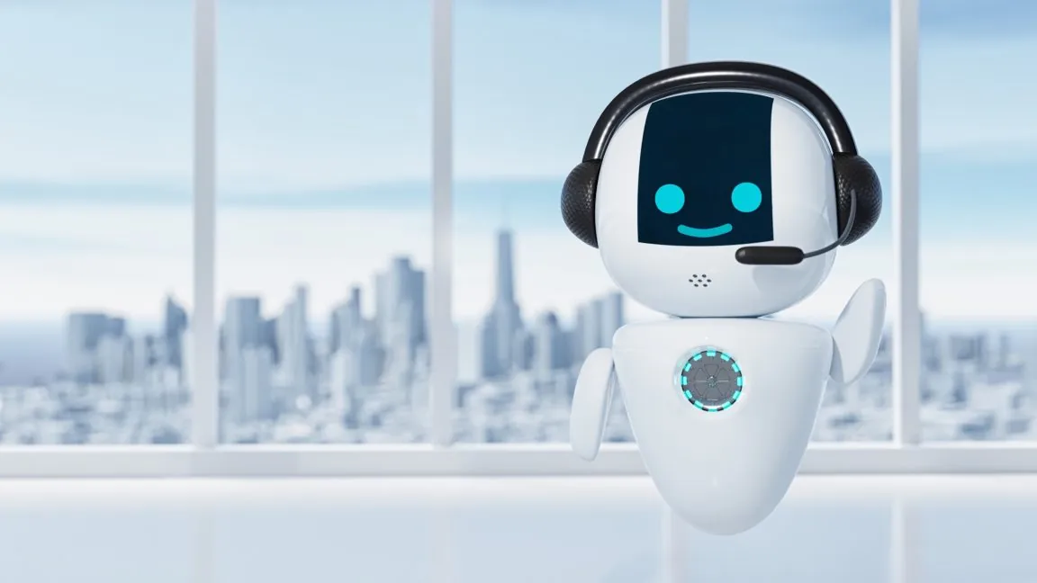 Illustration of a robot wearing a headset for talking on the phone.