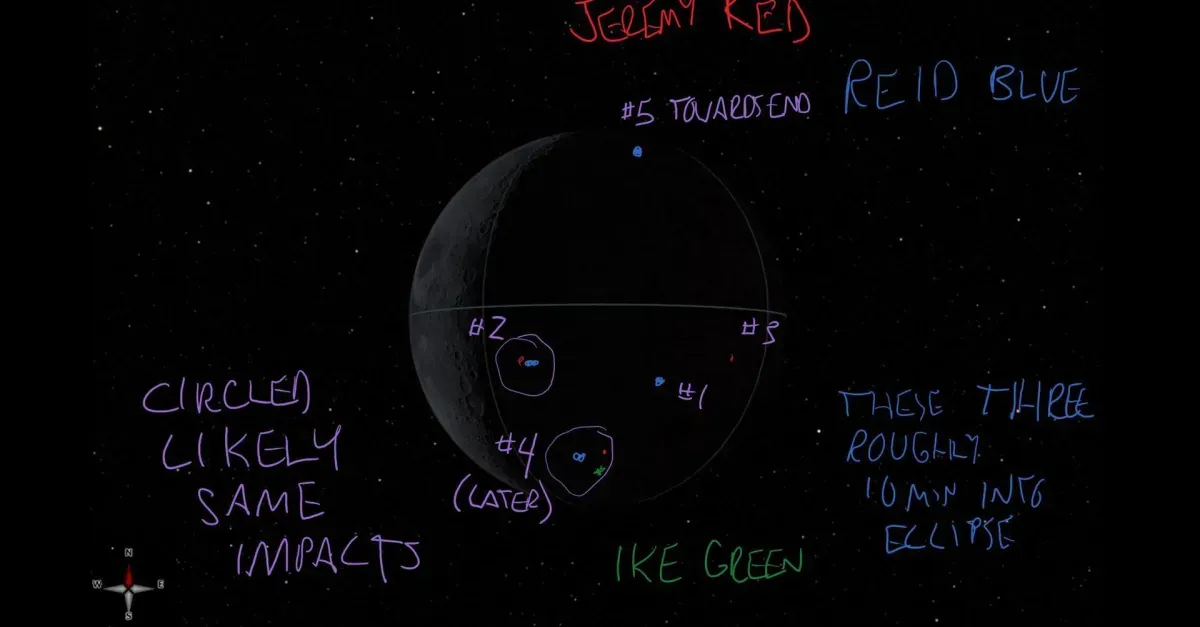 Crew annotated image of where impact flashes were spotted on the dark side of the Moon.