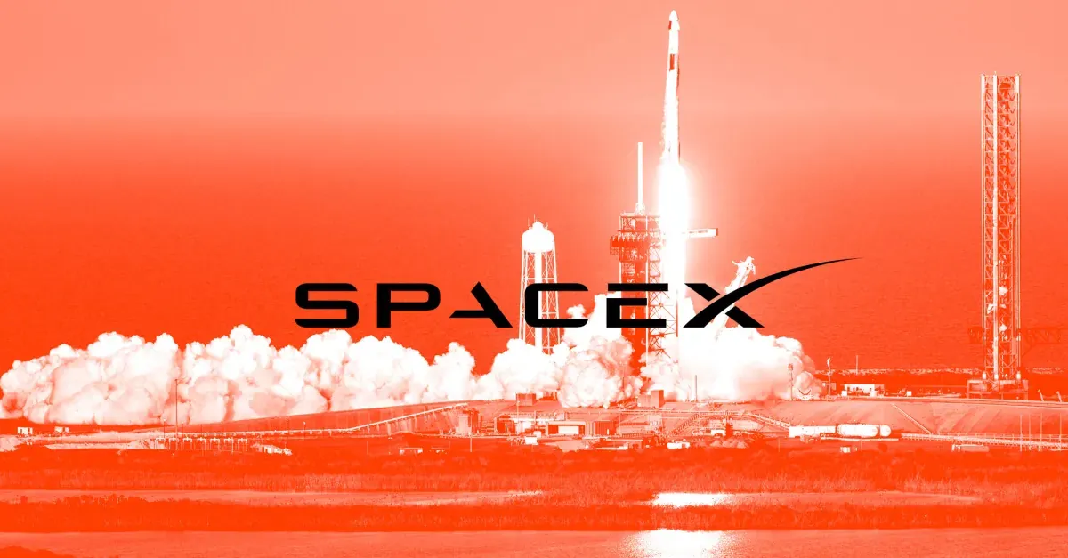 Photo of rocket launch with SpaceX logo.